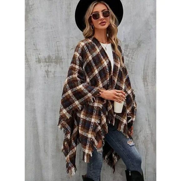 Brown Plaid Checker Print Knit Tassel Poncho Fringed Shawl Pashmina Wrap Sweater - Picture 4 of 6